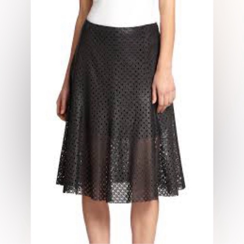 Theory $895 Black lamb Leather Lasercut Bhima Midi Skirt Sz 6
